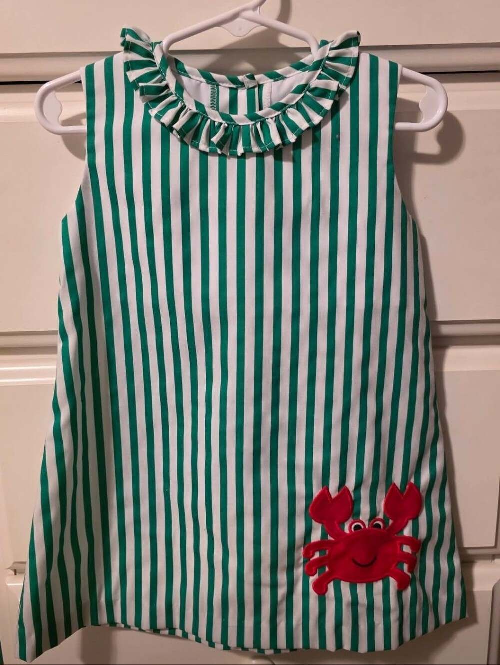 Zucchini Green & White Striped Ruffle Neck Dress with Red Crab Applique